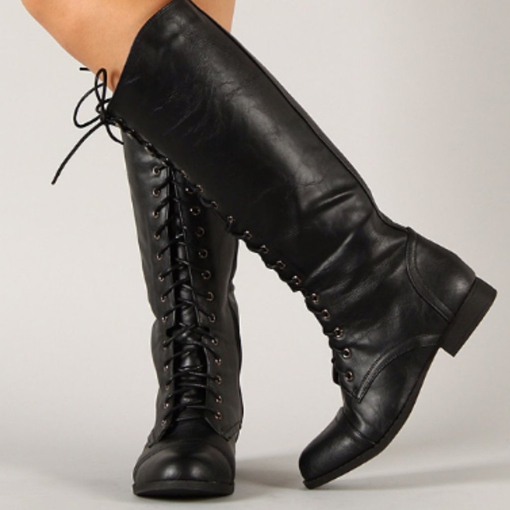 Knee High Black Lace Up Combat Boots - Worn Once
